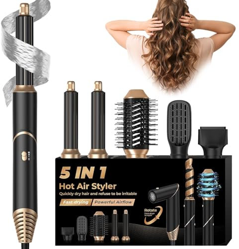 Airstyler 5 in 1 Ionen Locken Föhn für Locken, Volumen, Glätten und Trocknen- Föhnbürste Set mit Airflow Lockenstab Automatisch, 5 in 1 Hairstyler Haarstyler Ionen Haartrockner Hair Dryer Set