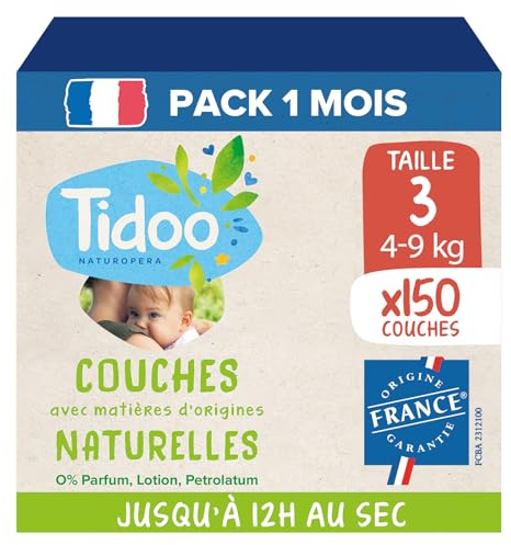 Tidoo – Pañales talla 3 4-9 kg – Pañales ecológicos y sostenibles – Cuidado desechable con composición natural – Respetuoso con el medio ambiente y las pieles sensibles – Juego de 3 x 50 artículos