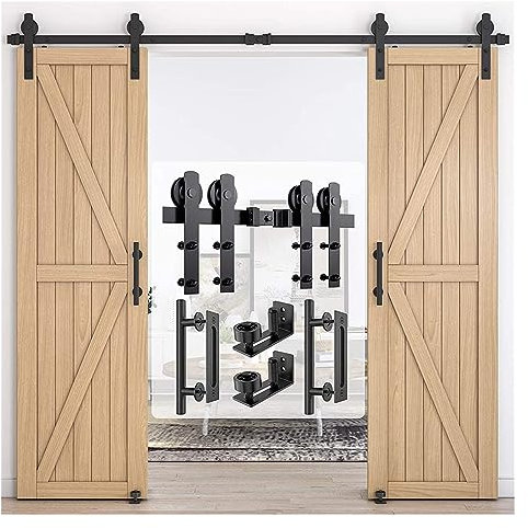 Kit ferramenta per porta da fienile scorrevole, Kit di ferramenta for porta scorrevole robusta e resistente, guide for porta doppia con 2 maniglie for porta e 2 set di guide a pavimento Scorre dolceme