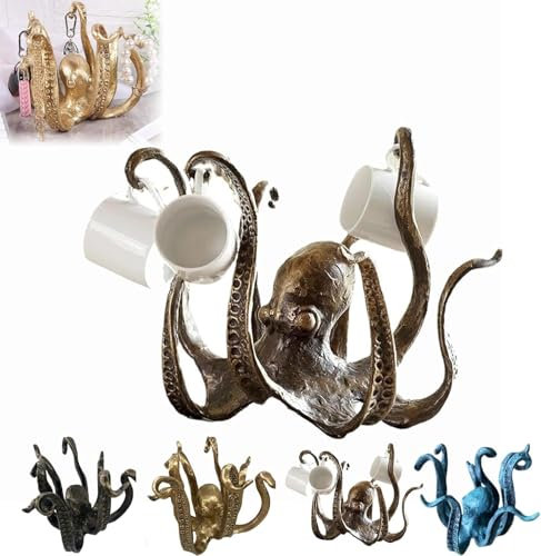 Octopus Mug Holder, Octopus Coffee Mug Holder, Octopus Mug Holder for Counter Top, Octopus Cup Holder, Retro Resin Octopus Desktop Statue,Copper