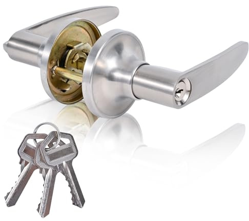 YELANGU Silver Door Handle Lock Set with Keys, 1 Pack | Stainless steel build, adjustable 60-70mm latch, fits 35-50mm panels, quick screwdriver fitting for bedroom and bathroom