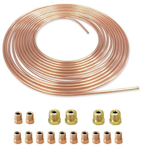 3/16(4.76mm) x 25ft(7.62m) Brake Pipe Copper Coated Steel Tubing with 16 Nuts Fittings, Automotive Replacement Brake Lines Kit, Car Replacement Brake Hose Line Kit, Car Inner Steel Brake Oil Tube