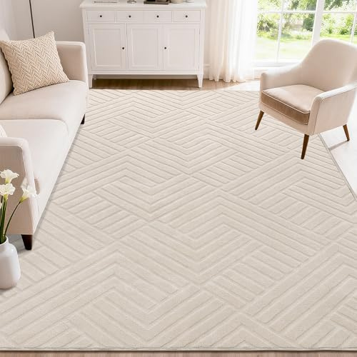 Enyhom Teppich Wohnzimmer 160 x 230 cm, Creme Waschbar Teppich - 3D Effekt rutschfest Teppiche für Schlafzimmer, Esszimmer, Kinderzimmer Küche Wohnzimmerteppich Boho Geometrisch