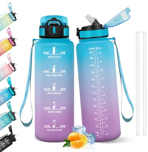 HoneyHolly Trinkflasche 1500ML, Auslaufsicher, Trinkflasche Kohlensäure Geeignet, Wasserflasche BPA-Frei, Sportflasche mit Strohhalm, Trinkflaschen Sport für Outdoor, Wandern, Fitness, Radfahren