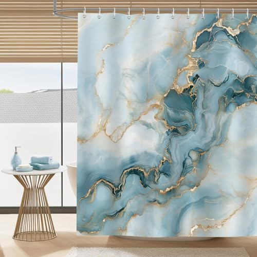 Dazzlewall Duschvorhang Türkis Marmor 180x180cm, Türkis Gold Moderne Abstrakte Duschvorhäng, Schimmelresistent Wasserdicht Polyester Bad Vorhäng für Badzimmermit 12 Haken