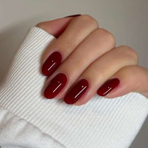 SXVME Burgundy Red Press On Nails Short Oval, Glossy Short False Nails Almond, Salon Quality Manicure, Reusable Soft Gel Fake Nails for Women Everyday Wear, 24 Pcs