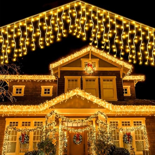 WoskjXas Eisregen Lichterkette Außen 5M 256 LEDs Eiszapfen Lichterkette Wasserdichte Vorhang Lichter mit 8 Modi, Lichterkette Weihnachten Außen Weihnachtsbeleuchtung Innenräume für Party [warm weiß]