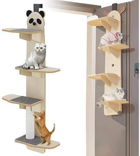 Albero per gatti, scaffale per gatti a più livelli, montaggio su porta, per gatti interni, gratta e arrampicarsi senza spazio sul pavimento, 4 livelli sopra l'arrampicatore