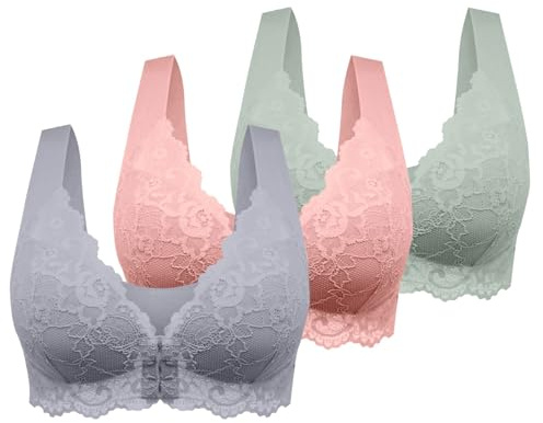 Plus Size Front Fastening Bras for Women UK Ladies Comfort Push up Everyday Bras for Large Breasts The Elderly Women's Bra Breathable Underwear Deep V Neck Lace Sexy Lingerie Travel Home Essentials