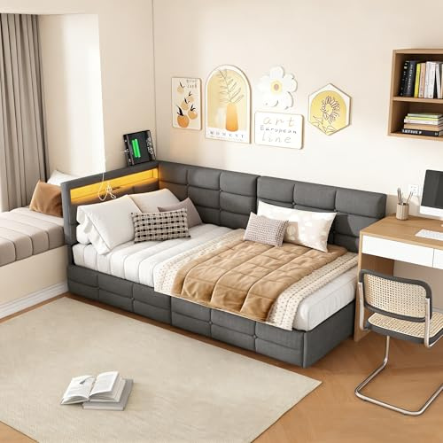 BRILVERDE L-förmiges Schlafsofa 90x200 cm mit LED-Beleuchtung und USB-Anschluss, Sofa-Bett mit 2 Frontschubladen, Grauer Leinenstoff, stabiles Metallgestell & Lattenrost, modernes Design