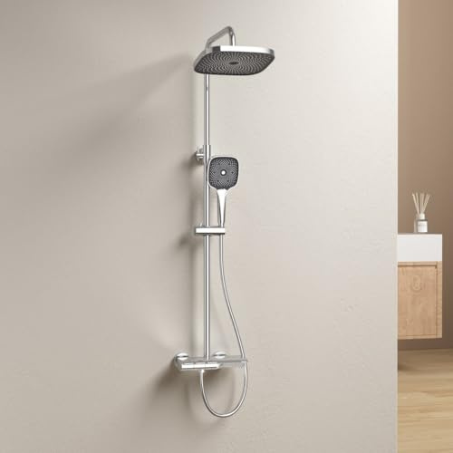 EMKE Duschsystem mit Thermostat 38℃, Duschsystem Regendusche mit 26x26cm Kopfbrause, Regendusche mit Armatur, Duscharmatur Komplettset mit 3-Strahl Handbrause, Duschset Höhenverstellbar, Chrom