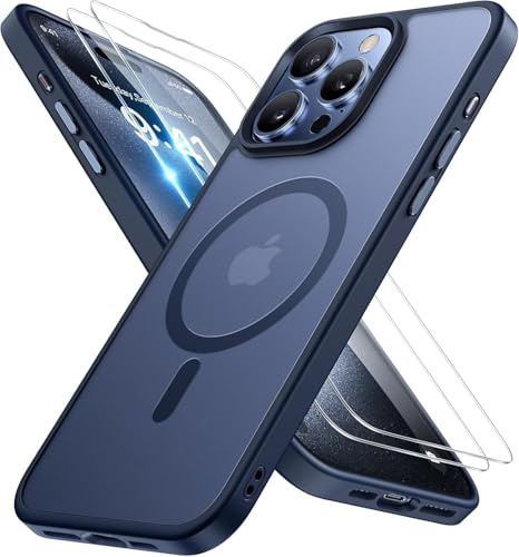 Miracase für iPhone 15 Pro Max Hülle mit Magsafe & 9H+ Panzerglas, Blau | [TOP Militärschutz & Magnetkraft] Stoßfest Kratzfest mit Samtiger Haptik Langlebig Handyhülle für iPhone 15 Pro Max 6,7