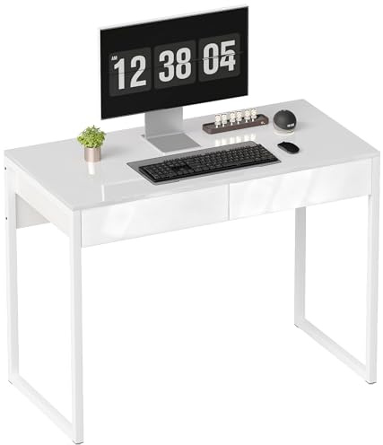 HOMCOM Scrivania Salvaspazio 100x50 cm, Scrivania con 2 Cassetti, Gambe in Acciaio, Tavolo Computer Moderno con Piedini Regolabili per Soggiorno, Camera da Letto, Studio e Ufficio, Bianco Lucido