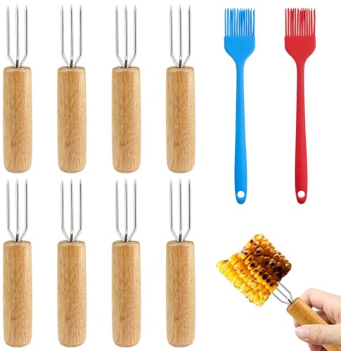BITEFU Lot de 8 fourchettes à pommes de terre, en bois naturel, fourchettes à viande, fourchettes à maïs, brochettes pour légumes et grillades, avec 2 brosses en silicone