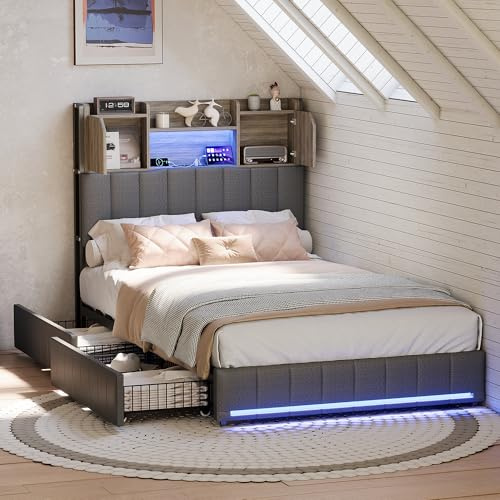 BRILVERDE Enkelsäng 90 x 200 med förvaringsutrymme, 2 lådor, stoppad säng med LED/USB, sängram med ribbotten och huvuddel, sängram för tonåringar, linne (grå, 90 x 200 cm)