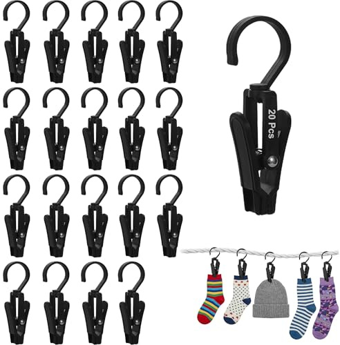20 Stück Wäscheklammern mit Haken - 360° drehbare Kunststoffclips Schwarz | Stabile Klammern zum Aufhängen von Socken, Handtüchern und Wäsche für Bad, Küche, Balkon und Garten