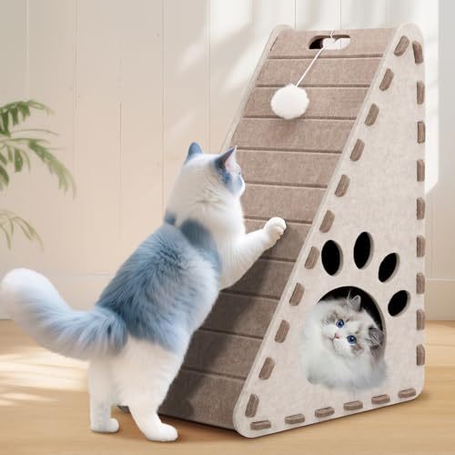Mittimiya 3-in-1 Filz Kratzbrett Katze für Katzen Kratzen Spielen Ausruhen | 63 cm Hohe Dreieck kratzbretter katze mit Ballspielzeug(Beige)