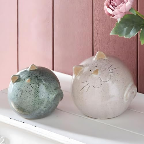 Dekoleidenschaft 2X Dekofigur Kugel-Kätzchen Katzenfiguren aus Porzellan, Katzenpaar, Katzen Deko, Katzenskulptur, Geschenke für Katzenliebhaber