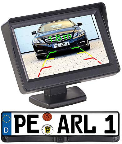 Lescars Rückfahrkamera kabellos: Funk-Rückfahrkamera in Nummernschildhalter m. Monitor & Abstandswarner (Funk Nummernschild, Pkw ohne Kabel, Lautsprecher)