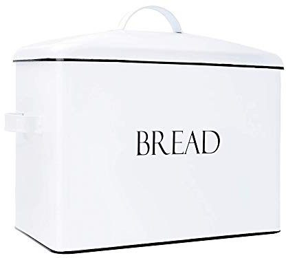 Vintage Metal Bread Bin - Countertop Space-Saving, Extra Large, High Capacity Bread Storage Box for your Kitchen - Holds 2 Loaves 13 x 10 x 7- White with BREAD Lettering