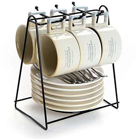 XCXDX Juego De Tazas De Café De Cerámica, 6 Piezas, Taza De Café Y Platillo con Soporte De Almacenamiento Negro