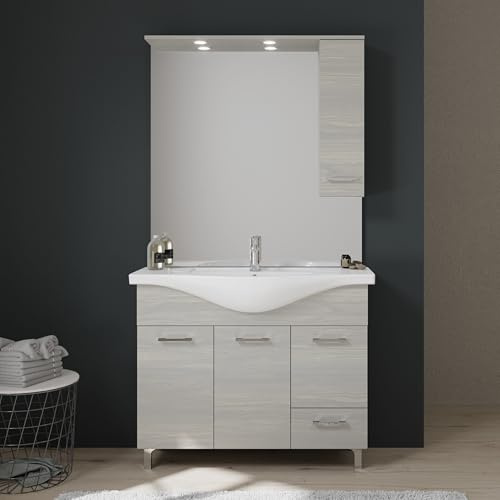 Kiamami Valentina Mobile Bagno a Terra 105 cm con Lavabo e Specchio Rimini | Finitura quercia grigio, 3 ante e cassetto, lavabo ceramica, specchio con pensile e 2 faretti LED