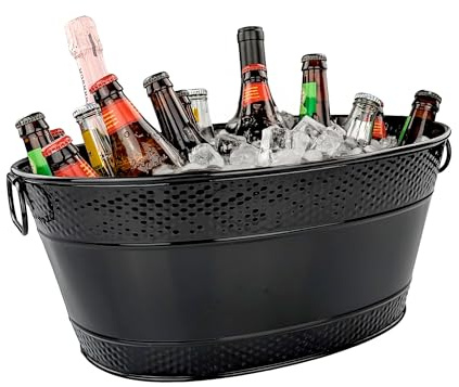 BREKX Colt Black Galvanized Beverage Tub with Handles, 16-Bottle Metal Bucket Ice Cooler to Chill Drinks, Oval Metal Basket for Drinks or Storage Bin - 15 Quarts (4 Gallon)