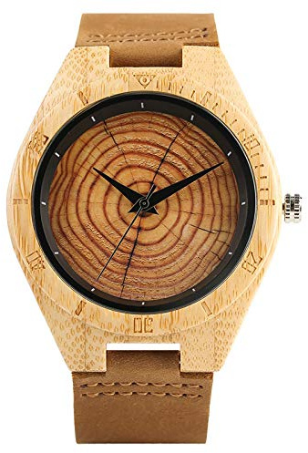 Akopiuto Relojes de Madera de bambú de Cuarzo para Hombre, Banda de Cuero Genuino, Reloj de Pulsera Informal a la Moda, Anillo de árbol Anual, Reloj Creativo para Hombre, Regalo marrón