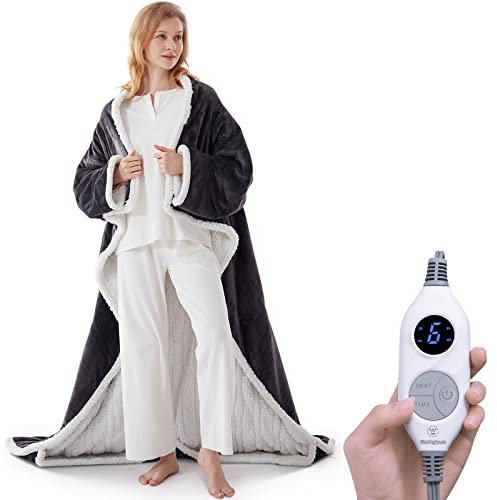 Westinghouse Electric Snuggle Throw Blankets with Foot Pocket, Wearable Heated Blanket with Sleeves, 6 Heating Levels & 2 to 10 Hours Heating Time Settings, 50 * 70+18, Grey