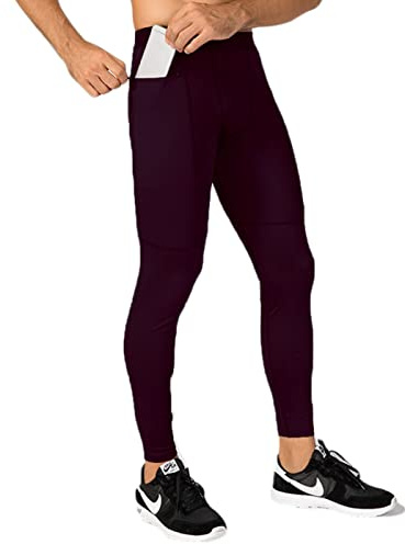 HARGLESMAN Men's Compression Pants Athletic Tights Leggings with Zip Pockets Sports Stretchy Base Layer Wetsuit Rash Guard Bottom Running Active Yoga for Teen Boys Juniors Burgundy XL