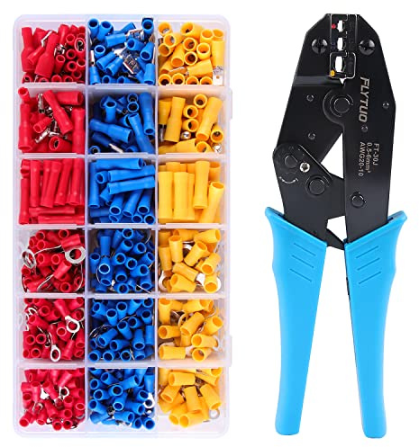 Flytuo Wire Terminals Crimping Tool Kit - 0.5-6mm²/AWG20-10 Insulated Ratcheting Crimper with 700PCS Connectors
