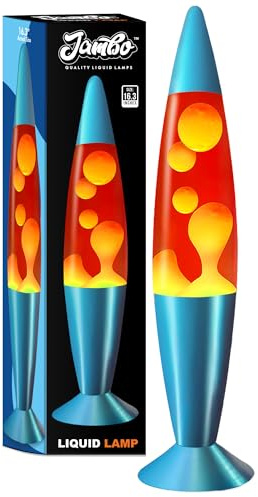 Jambo Lampada vulcano blu con cera che scorre come lava, lampade fantastiche, luci notturne per bambini, adulti, ragazzi (16, base blu, liquido rosso, cera arancione)