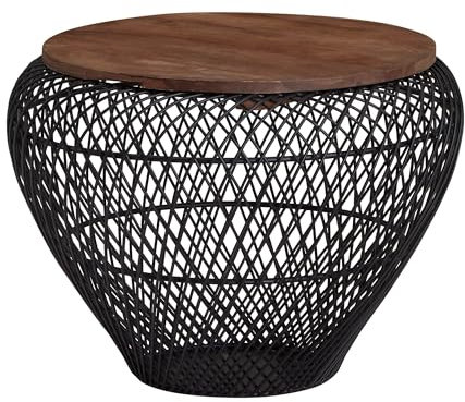 Wohnling Couchtisch Mango Massivholz Metall 60x60x45 cm Schwarz Rund mit Stauraum, Design Wohnzimmertisch Korbtisch Modern, Beistelltisch Sofatisch Wohnzimmer