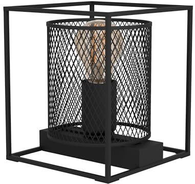 EGLO Tischlampe Catterick, eckige Nachttischlampe im Industrial Design | Tischleuchte aus Metall in Schwarz, Gitter Lampe für Wohnzimmer und Schlafzimmer, E27 Fassung