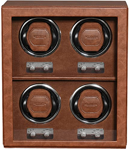 ROTHWELL 4 Watch Winder for Automatic Watches with Quiet Motor with Multiple Speeds and Rotation Settings (Tan/Brown)