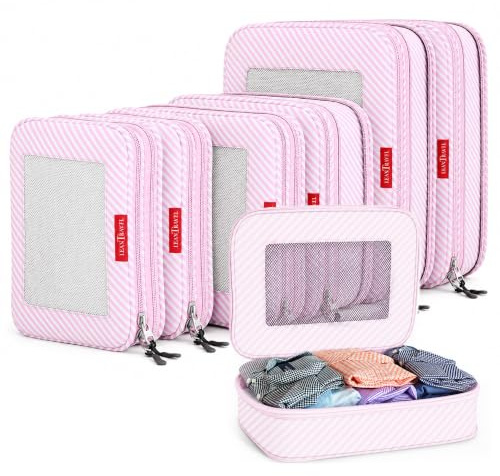 LeanTravel Premium Compression Packing Cubes for Travel - Suitcase Organizer Bags with Double Zipper & Breathable Mesh Panel - Space Saving Carry On Luggage Essentials (6-Pack, Pink Stripes)
