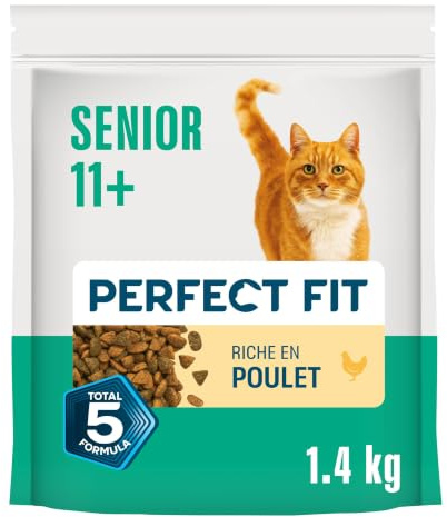 PERFECT FIT Senior 11+ Croquettes Gourmandes pour Chat Senior Stérilisé – Nourriture Riche en Poulet – 1,4 kg (Lot de 5)