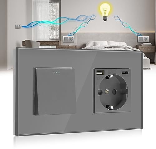 BSEED - Interruptor de pared con conector USB gris, 1 interruptor de 3 vías + enchufe Schuko 16 A con 1 puerto tipo C y 1 puerto USB, 16 A Interruptor de luz con botón pulsador