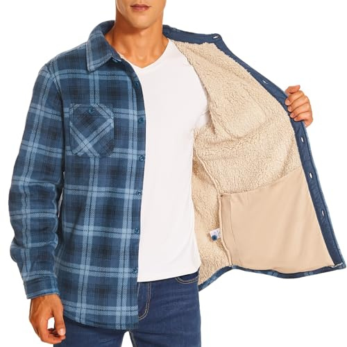 HODOSPORTS Mens Flannel Shirts Jacket Fleece Sherpa Lined Heavyweight Button Down Thick Plaid Shirts Coat Long Sleeve with Pockets Blue Plaid L