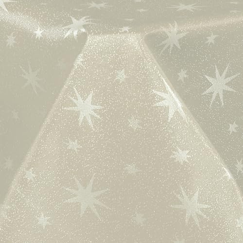 Hochwertige weihnachtliche Stofftischdecke mit Sternen Tischdecke Tafeldecke Tischtuch Bügelarm schnelltrocknend Creme goldene Sterne Oval 135 x180cm