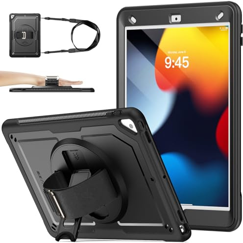 SEYMAC stock Hülle für iPad 9./8./7. Generation 10,2 2021/2020/2019 | Schwarz,Kratzfest Rundumschutz,Displayschutzfolie, 360° Drehbarer Ständer/Handschlaufe,Schultergurt,Stifthalter