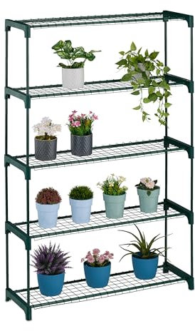 Relaxdays Pflanzenregal, 5 Ablagen, Pflanzenständer Blumen & Kräuter, Metall Blumenständer, HxBxT: 139x91x28,5 cm, grün