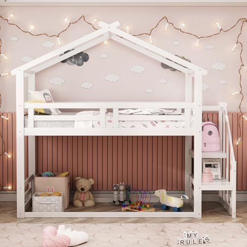 kubeier Hochbett Baumhaus für Kinder, Etagenbett 90 x 200 cm, Jugendbett Kinderbett Platzsparendes Kinder Etagenbett in weiß, Massivholz Kinderbett, Jugendbett (Ohne Matratze)