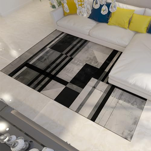 LANDERSION Abstrakter Teppich Moderner nordischer Teppich Rutschfester und pflegeleichter Schlafzimmerteppich Schwarz Minimalismus Ideal für stark frequentierte Bereiche im Wohnzimmer 90x180cm