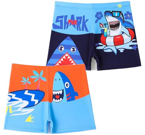 NautySaurs 2-pack badshorts för pojkar från 5 till 13 år med dinosaurier för barn, Haj – orange och marinblå, 2-3 �r