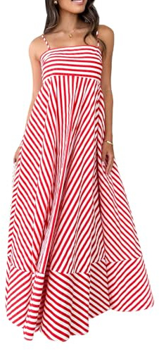 YILEEGOO Women's Summer Striped Maxi Dress 2024 Sexy Spaghetti Strap Flowy Swing Long Dress Boho A Line Beach Sundresses (Swing Striped Red, S)