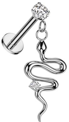 beyoutifulthings Lippen-Piercing Zirkonia Schlangen-Anhänger Silber Clear Piercing-s Stecker Chirurgenstahl Schraub-Verschluss Stab 8-mm lang
