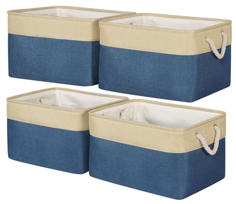 Univivi Canvas Storage Boxes 17in Fabric Storage Baskets Navy, Set of 4 | Extra Large Storage Bins with Rope Handles for Shelves, Foldable Storage Box for Kallax Unit Organizing Clothes Nursery Home