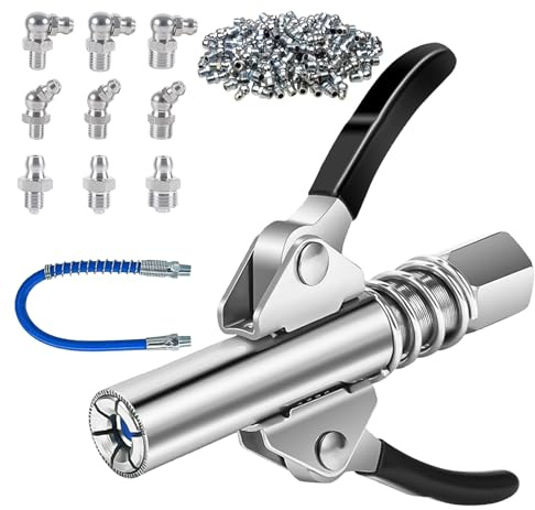 ESTVIIG 62 Stück Fettpressenkupplung Set, mit Fettpresse Mundstück 30cm-Schlauch und 60Pcs M6 M8 M10 Schmiernippel, Fettpresse Kupplung Mundstück Kupplung für Kegel-Schmiernippel