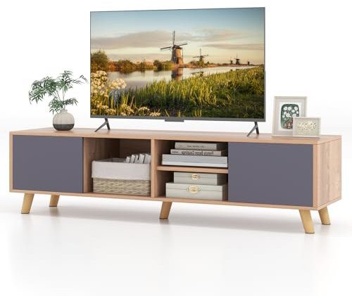 KOMFOTTEU Mobile TV Soggiorno in Legno, Mobile Porta TV Moderno con Ripiano Aperto, 2 Armadietti, 3 Fori per la Gestione dei Cavi, Mobiletto TV Multifunzione per TV fino a 65”, 134 x 30 x 43 cm